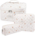 Gosect Makeup Bag Set, Quilted Makeup Bag, Large Floral Cosmetic Bag for Women, Cute Cotton Makeup Bags, Flower Travel Toiletry Organizer Bag (Rose Plaid Pattern)