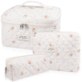 Gosect Makeup Bag Set, Quilted Makeup Bag, Large Floral Cosmetic Bag for Women, Cute Cotton Makeup Bags, Flower Travel Toiletry Organizer Bag (Rose Plaid Pattern)