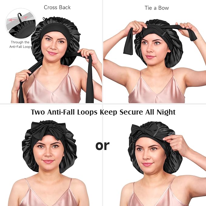 YFONG 100% Mulberry Silk Bonnet for Sleeping Women Men, Large Double Layer