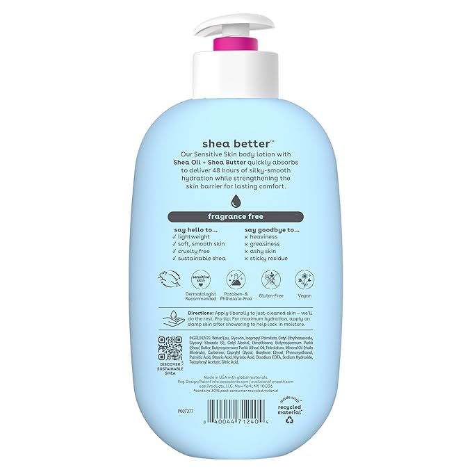 eos Shea Better Sensitive Skin Body Lotion - Fragrance-Free, 48-Hour Moisture Eczema Cream & Dry Skin Relief, Vegan, 16 fl oz (Packaging may vary)