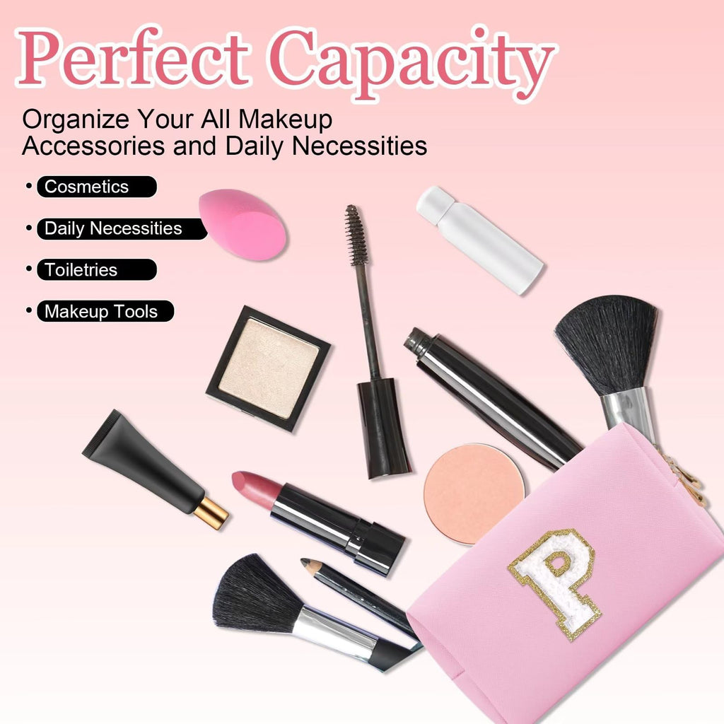 Small Personalized Letter Makeup Bag, Cute PU Leather Chenille Letters Cosmetic Bag Travel Makeup Pouch, Preppy Travel Organizer Zipper Pouch for Women&Girls（Pink-P）