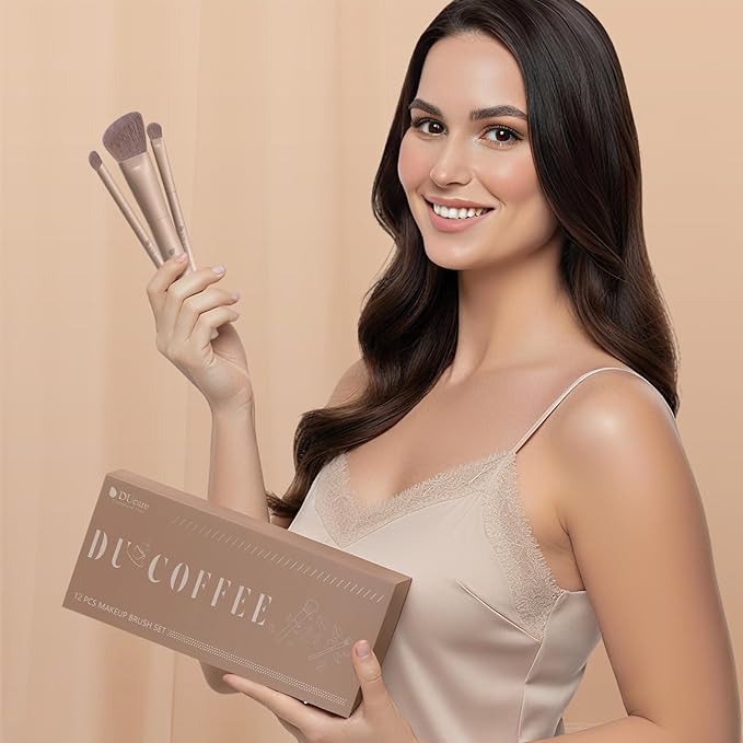 DUcare 14pcs Makeup Gift Set,12Pcs Coffee Series Makeup Brush set with 2pcs Makeup Sponges Foundation Blending Face Powder Blush Eye Shadows Brushes