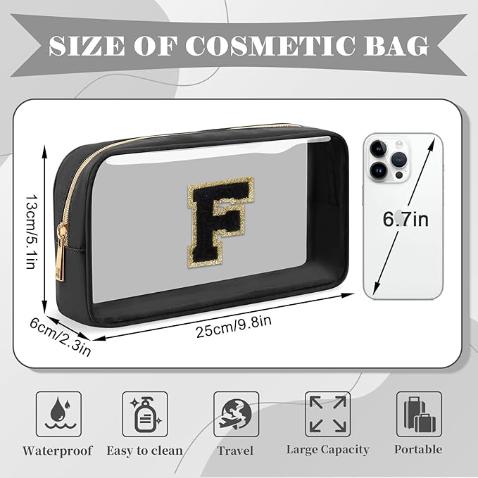 UIXIZQ Personalized Initial Letter Clear Makeup Bag,Preppy Small Nylon&PVC Cosmetic Zipper Bag with Chenille Letter,Travel Skincare Toiletry Bag,Monogram Christmas Gift for Teen Girls Women,F