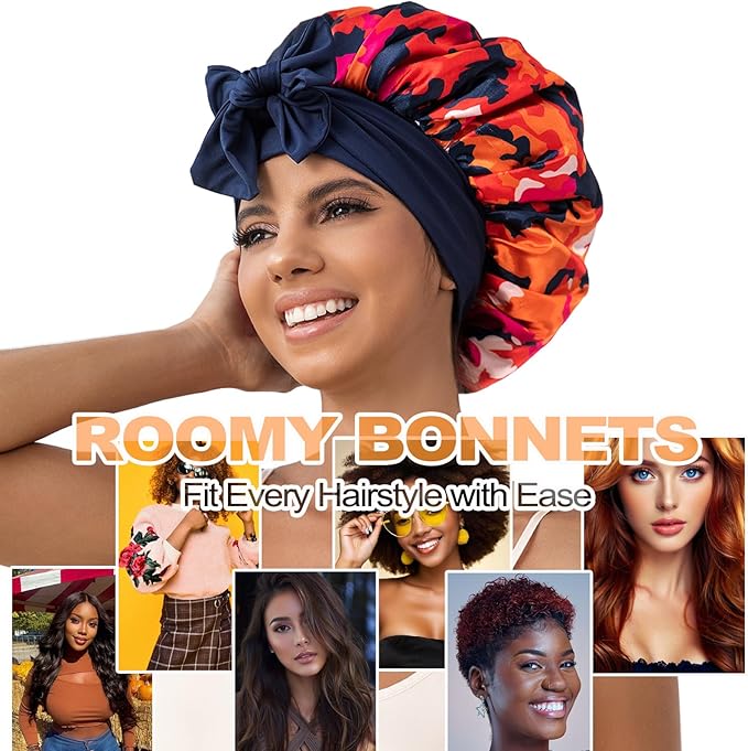 GDTOGRT Satin Silk Bonnet for Sleeping Women, Double Layer Sleep Hair Bonnets Caps for Curly Natural Hair with Tie Band - Blue-Mix
