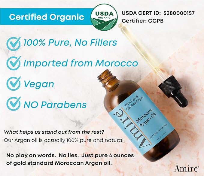 Amire USDA Certified Organic Argan Oil 4oz, Triple Extra Virgin Grade Moroccan Argan Oil for Hair Growth. Skin, Face, & Nails. Moisturizer. Scalp Treatment Hair Oil for Dry, Damaged, Brittle Hair.