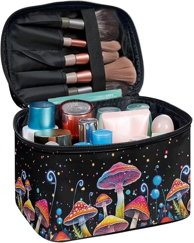 Drydeepin Colorful Mushrooms Pattern Makeup Bag Travel Cosmetic Bag with Zipper and Handle Portable Large Capacity Toiletry Case for Women Ladies Travel Accessories