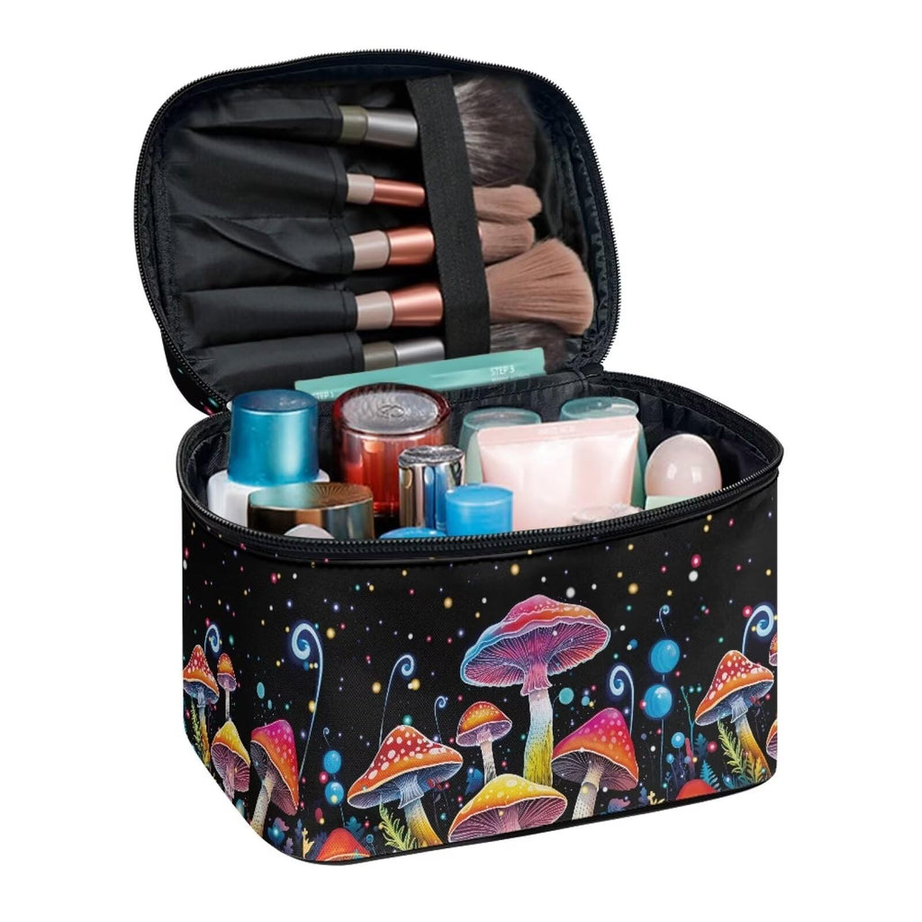 Drydeepin Colorful Mushrooms Pattern Makeup Bag Travel Cosmetic Bag with Zipper and Handle Portable Large Capacity Toiletry Case for Women Ladies Travel Accessories