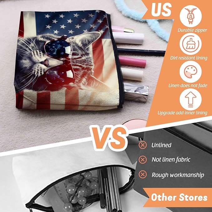 Scribesense Cosmetic Bags Travel Makeup Toilet Case Waterproof Pouch for Women Girls 6.7X9.45inches - Cat Wearing Sunglasses With Flag Reflections in The Lenses