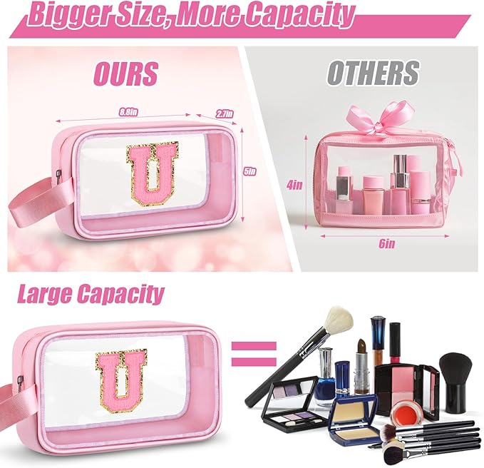 Vodolo Initial Makeup Bag,Letter U Cute Clear Monogrammed Cosmetic Travel Bag for Womens Girls,Personalized Pink Aesthetic Traveling Make Up Organizer Bag for Beach,Waterproof Toiletry Bag