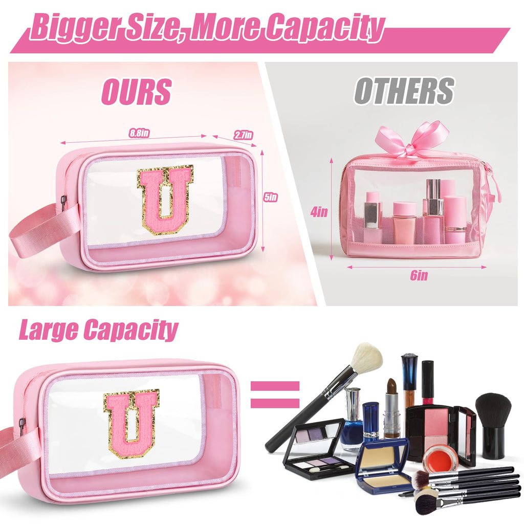 Vodolo Initial Makeup Bag,Letter U Cute Clear Monogrammed Cosmetic Travel Bag for Womens Girls,Personalized Pink Aesthetic Traveling Make Up Organizer Bag for Beach,Waterproof Toiletry Bag