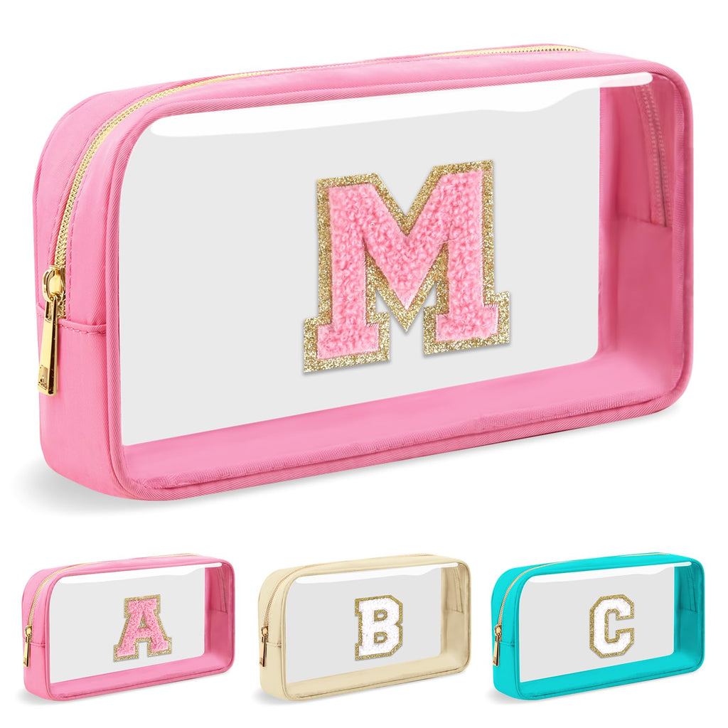 Personalized Initial Letter Clear Makeup Bag,Preppy Small Nylon&PVC Cosmetic Zipper Bag with Chenille Letter,Portable Beach Travel Skincare Toiletry Bag,Trendy Monogram Gift for Teen Girls Women,M