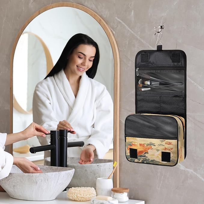 YoYoYuchong Travel Toiletry Bag for Women & Men Ethnic Flower Peony Hanging Cosmetic Organizer Portable Waterproof Makeup Case Make Up Bag with Compartments Travel Essentials for Bathroom Shower