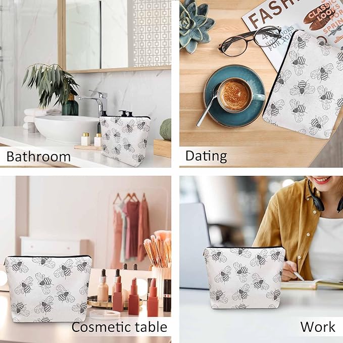 Kalygon Bumblebee Makeup Bag For Women, Adorable Cosmetic Bag Makeup Bags, Gray Animal Bee Bumblebees Zipper Bag Travel Bags Toiletry Organizers Pouch Bags Washing Bags For Gym Bathroom