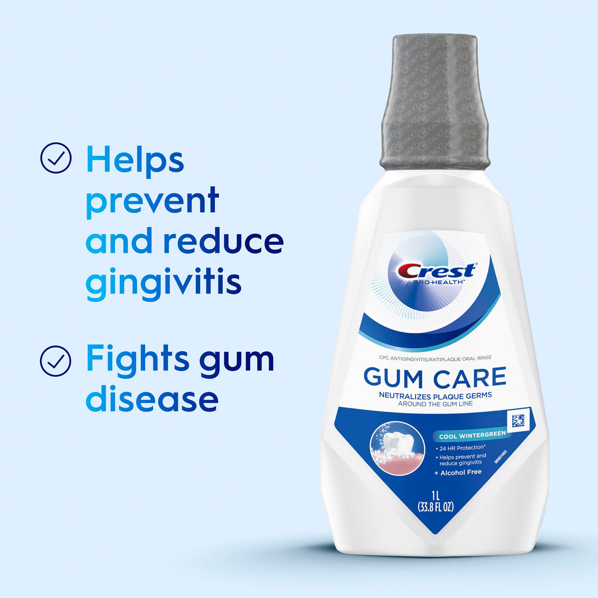 Crest Gum Care Mouthwash, Cool Wintergreen, CPC Antigingivitis/Antiplaque Oral Rinse 1L (33.8 fl oz), Pack of 2, Alcohol Free for Adults