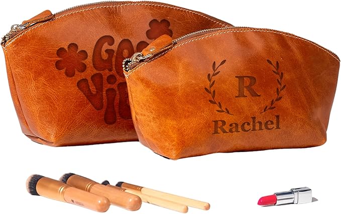 HARDISTON Personalized Leather Makeup Bag, Cosmetic Bag with Italian Zipper