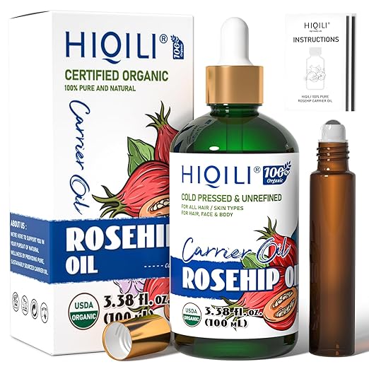 HIQILI Organic Rosehip Seed Oil Cold Pressed for Face Care & Hydrating Skin