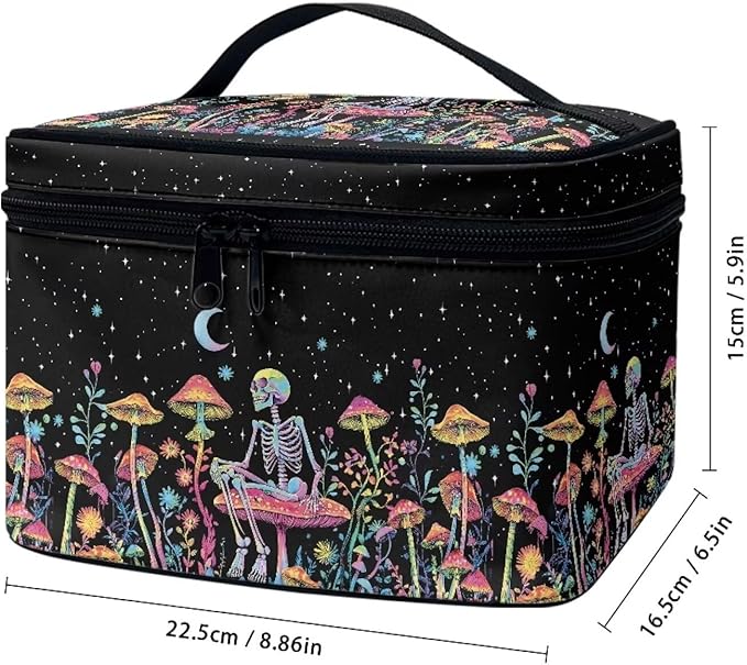 Drydeepin Colorful Mushroom Skull Floral Pattern Travel Makeup Bag for Women Large Capacity Cosmetic Bag with Zipper and Handle Portable Toiletry Bag Make Up Organizers