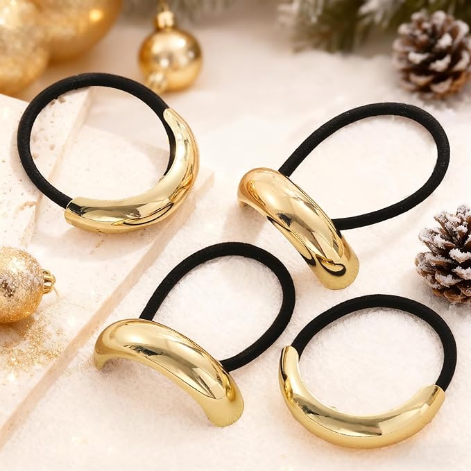 4PCS Gold Hair Ties, Metal Hair Ties for Thick Hair, Elegant Durable Round Geometric Design Hair Cuffs, Gold Hair Accessories Stretchy Non-Damage Ponytail Holders