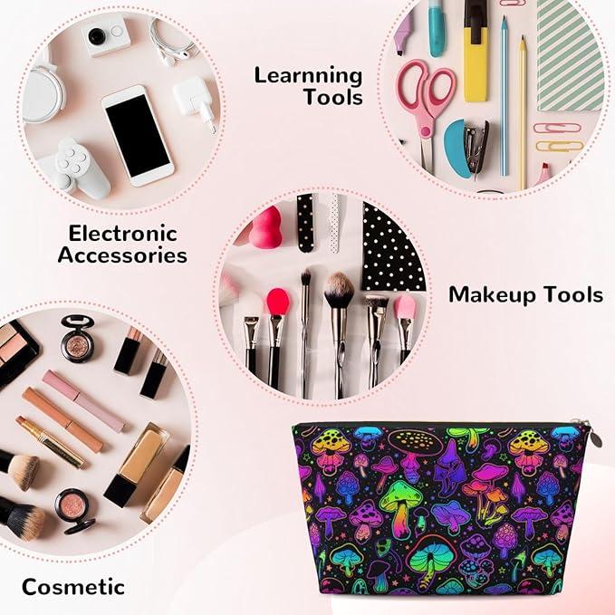 BEIANSHUO Mushrooms Small Makeup Bag for Women - Leather Travel Cosmetic Bag Make Up Pouch Mini Travel Zipper Pouch - Makeup Organizer Bag