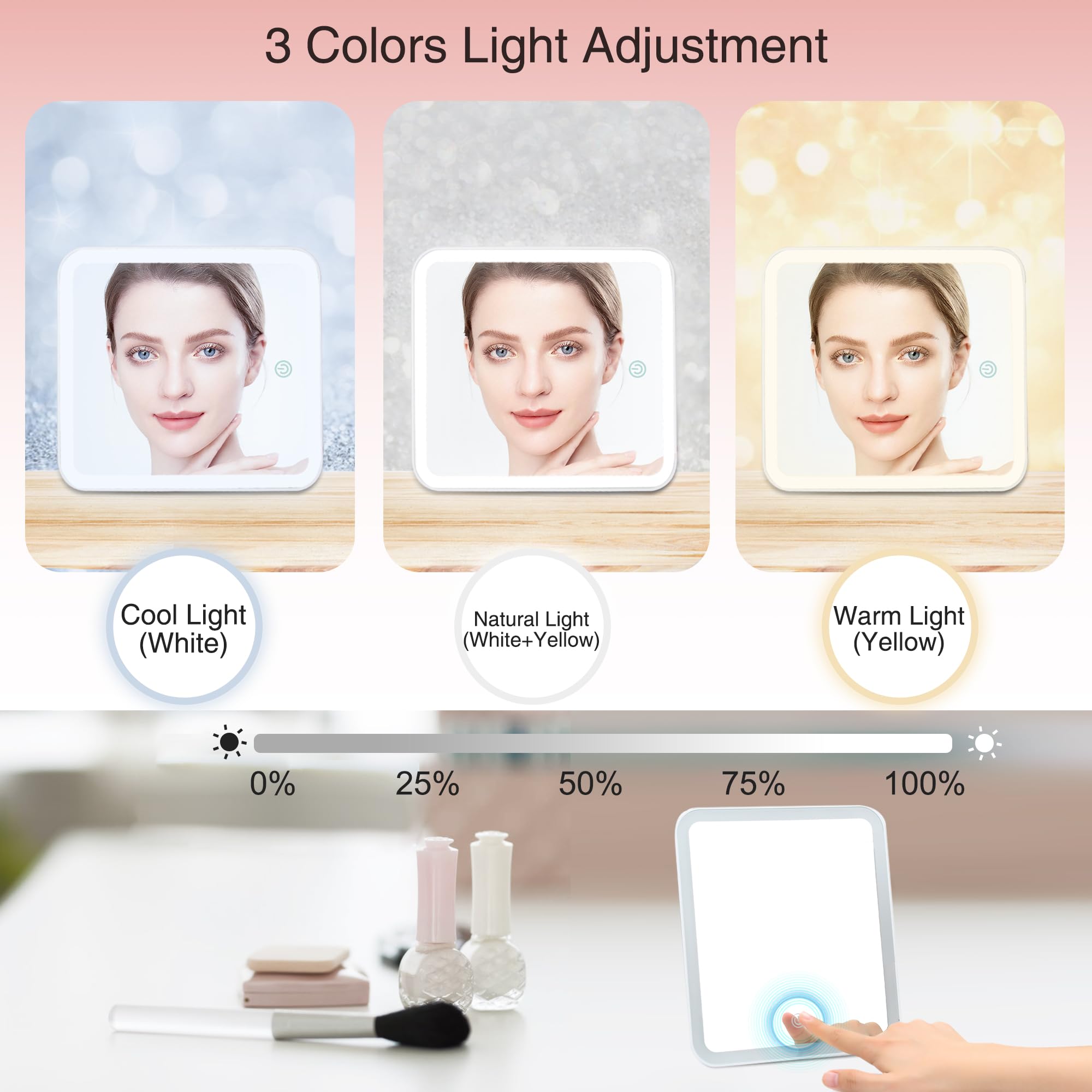 Relavel Travel Makeup Bag With LED Mirror Portable Travel Makeup Organizer 3 Color Adjustable Brightness Waterproof Cosmetic Train Case with Removable Dividers Makeup Storage for Women, Pink