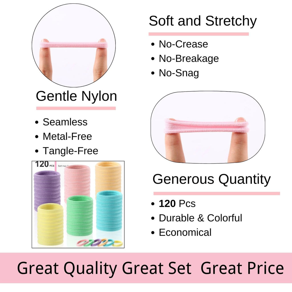 LuSeren 120 Pcs No Damage Thick Hair Ties, Large Soft Seamless Nylon Cloth Hair Elastics for Women, Light Color