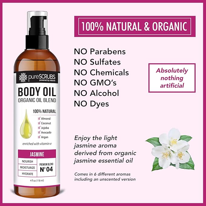 pureSCRUBS Ultra Moisturizing Jasmine Body Oil for Dry Skin, 4 oz