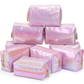 Sanwuta 9 Pcs Makeup Bags Bulk Bridesmaid Proposal Gifts Cosmetic Bags Preppy PU Leather Double Zipper Toiletry Pouch Portable Travel Organizer Case for Women Bachelorette Gift(Laser Pink)