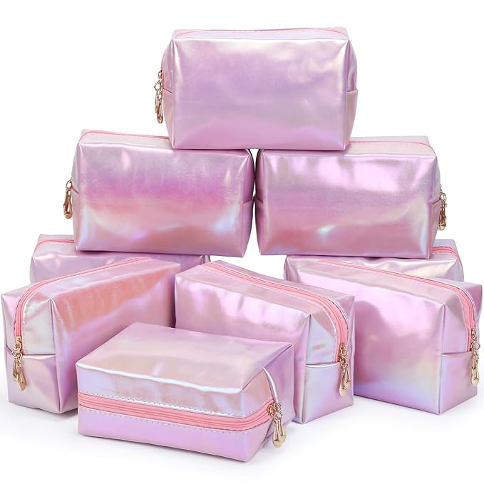 Sanwuta 9 Pcs Makeup Bags Bulk Bridesmaid Proposal Gifts Cosmetic Bags Preppy PU Leather Double Zipper Toiletry Pouch Portable Travel Organizer Case for Women Bachelorette Gift(Laser Pink)