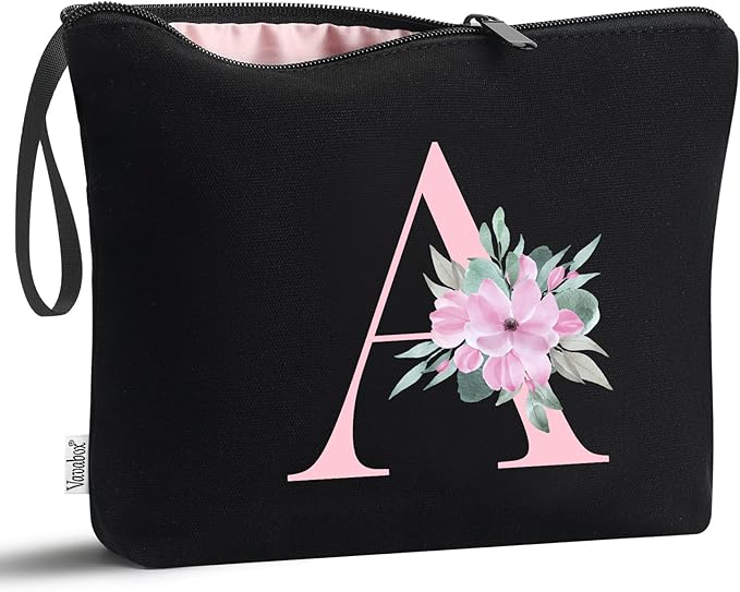 Vavabox A-Z Personalized Makeup Bag, Birthday Gifts for Women Mom, Gifts for Best Friend, Bride Bridesmaid Cosmetic bag (A, 02-Black)