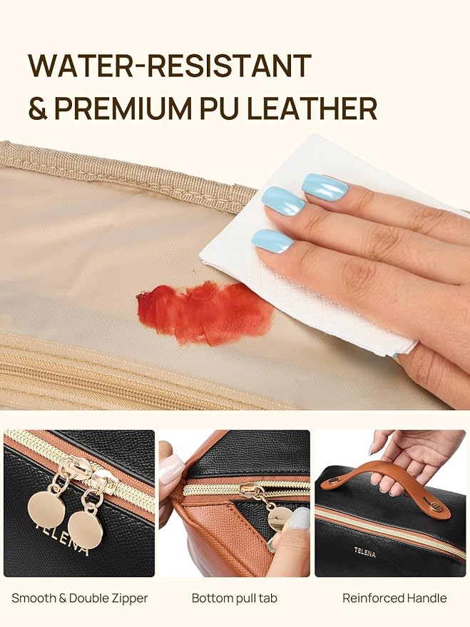Telena Leather Make Up Bag Portable Travel Makeup Bag Waterproof Cosmetic Bags for Women Large Capacity With Handle and Divider Open Lay Flat