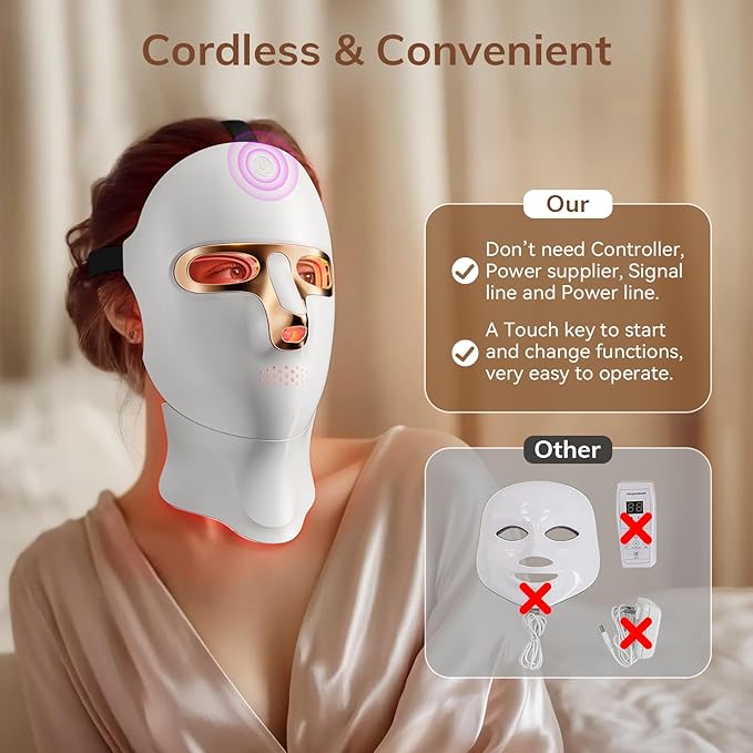 Red Light Therapy Mask for Wrinkles & Mild to Moderate Inflammatory Acne, Cordless Rechargeable Multi-Wavelength LED Facial Skincare Device for Home & Outdoor Use