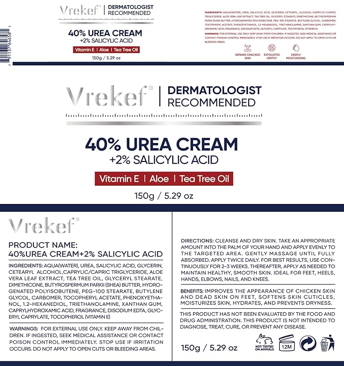 VREKEF Urea Cream 40 Percent with 2 Percent Salicylic Acid, Foot & Hand Cream for Dry Cracked Heels, Callus Softener for Feet, Exfoliating Foot Cream for Rough Thick Skin, 5.29 oz