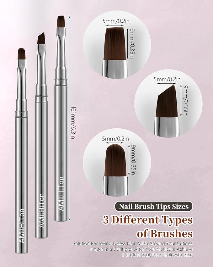AMilHiTon 3PCS Nail Polish Clean Up Brush, Round/Flat/Angled, Gun Color