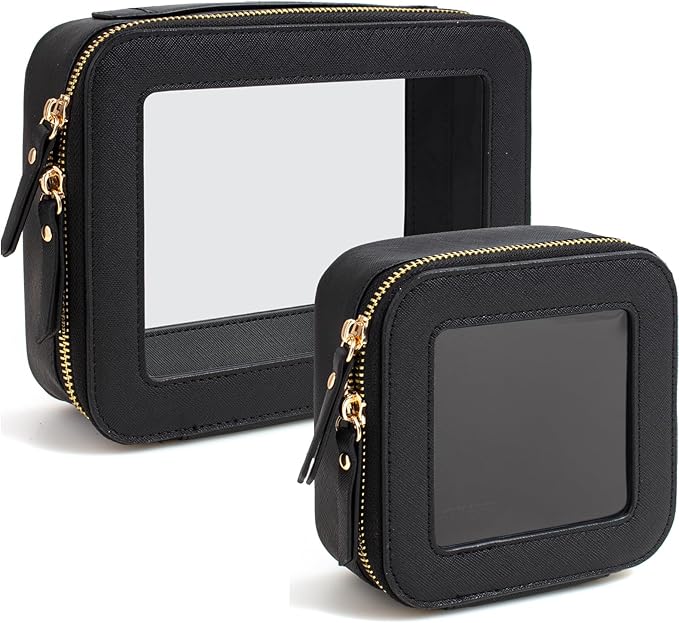 KOTORA Clear Sunscreen Makeup Bag Organizer Set,Portable Travel Toiletry Case for Women, Vegan Leather Cosmetic Pouch Beach Essentials Make Up Bag Organizer Storage Traveling (Black)