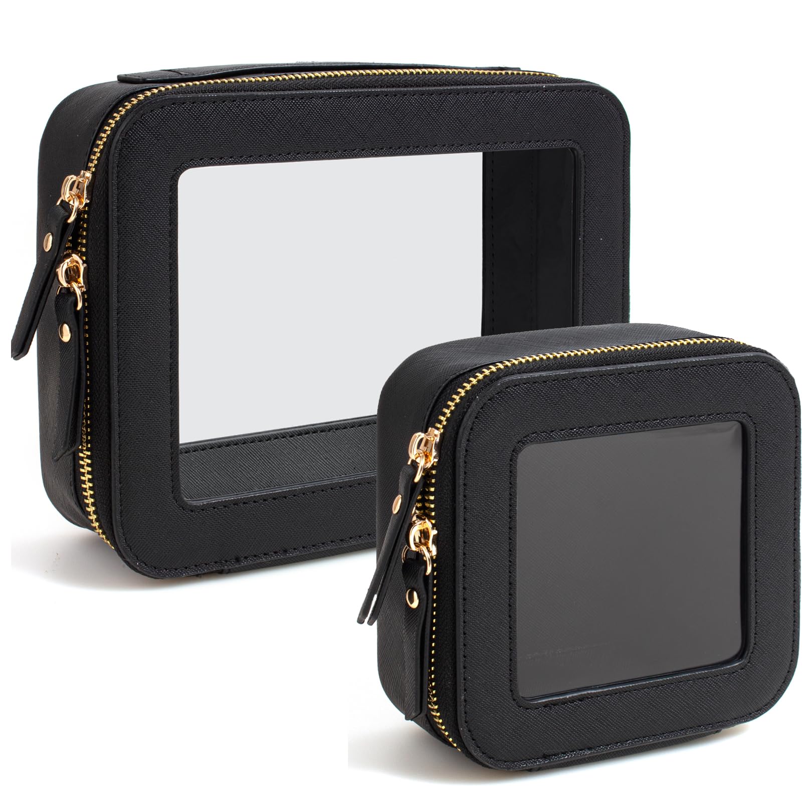 KOTORA Clear Sunscreen Makeup Bag Organizer Set,Portable Travel Toiletry Case for Women, Vegan Leather Cosmetic Pouch Beach Essentials Make Up Bag Organizer Storage Traveling (Black)