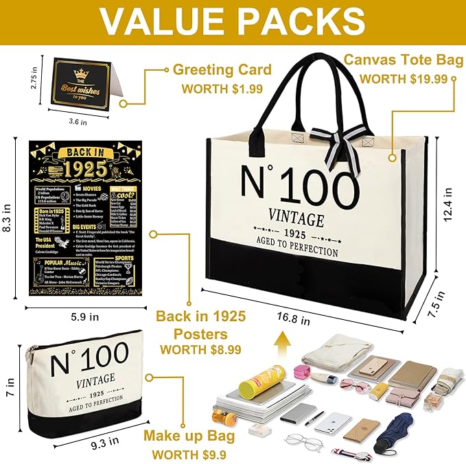 100th Birthday Gift for Women-N°100 Canvas Tote Bag,Makeup Bag,1926 Poster