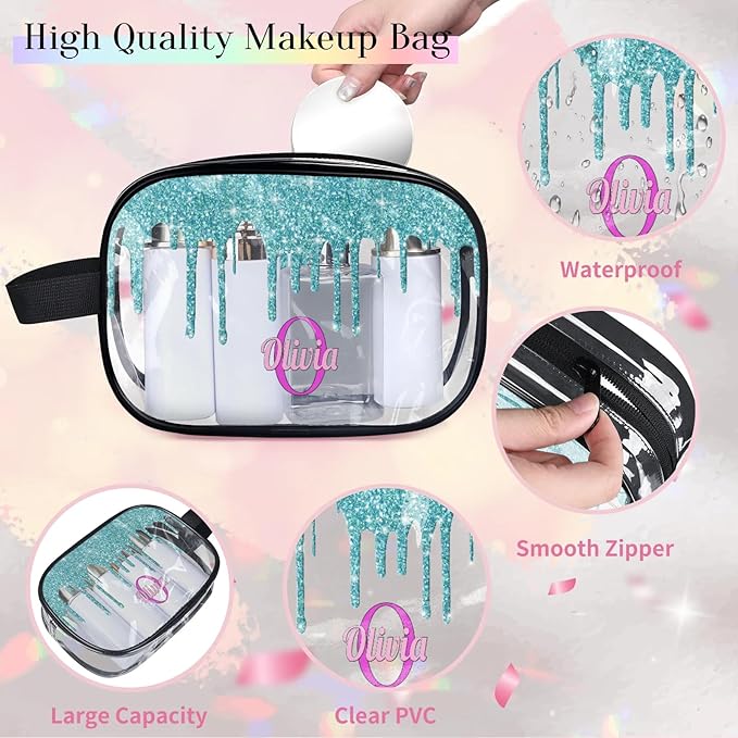 KFNHN Custom Transparent Travel Toiletry Bag for Women, PVC Large Makeup Bag, Cosmetic Bag, Comestic Essentials for Women, Water Flow Shape Aqua Blue Shiny Glittering
