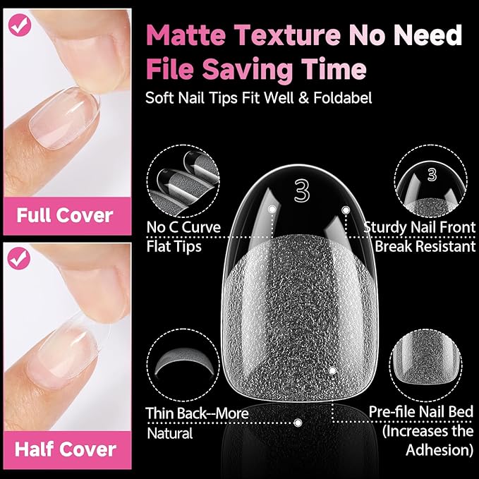 UNA GELLA Oval Gel Nail Tips, 312 Pcs Short Oval Round Nails