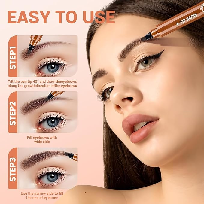 Microblading Eyebrow Pen, Waterproof Four-tip Beard and Eyebrow Pen, Liquid Eyebrow Pencil, Long-Lasting Natural Magic Eyebrow Makeup Fine Stroke Contouring Pencil (Brown)