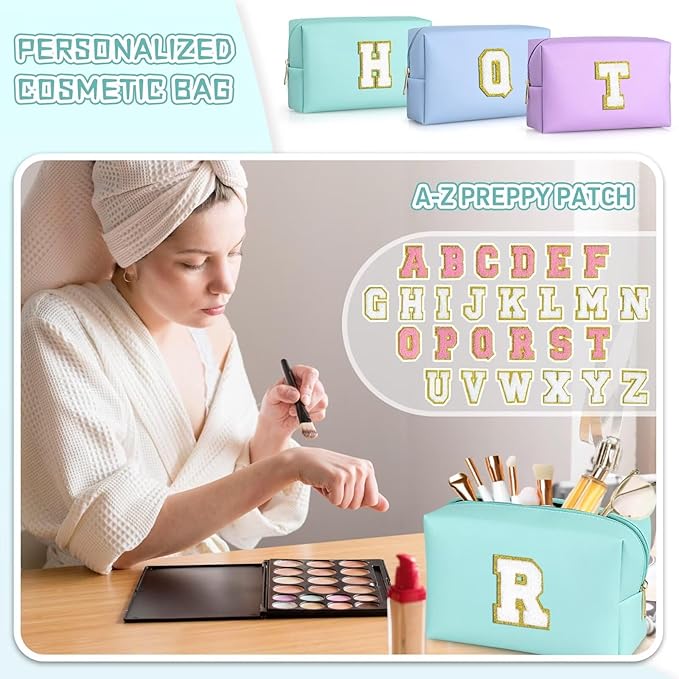 TOPEAST Birthday Gifts for Girls, Travel Makeup Bag Chenille Letter Pouch Cosmetic Bag, Makeup Travel Organizer, Monogrammed Bridesmaid Gifts for Women, Cute Stuff for Girls (Blue J)