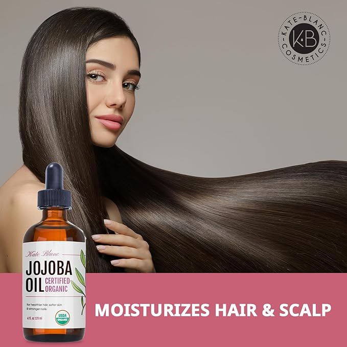 Kate Blanc Cosmetics Organic Jojoba Oil for Hair, Skin, Face, Nails (4oz) - USDA Certified, 100% Pure Cold Pressed Unrefined - Moisturizing Carrier Oil for Gua Sha, Dermaplaning, Body - Glass Bottle