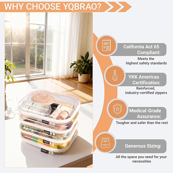YQBRAO 4-Pack Clear Diaper Bag Organizer Pouches, 1.2mm Ultra-Thick PET Travel Pouches for Toiletries & Makeup, Rigid Self-Standing Bags with YKK Zippers, TSA Approved