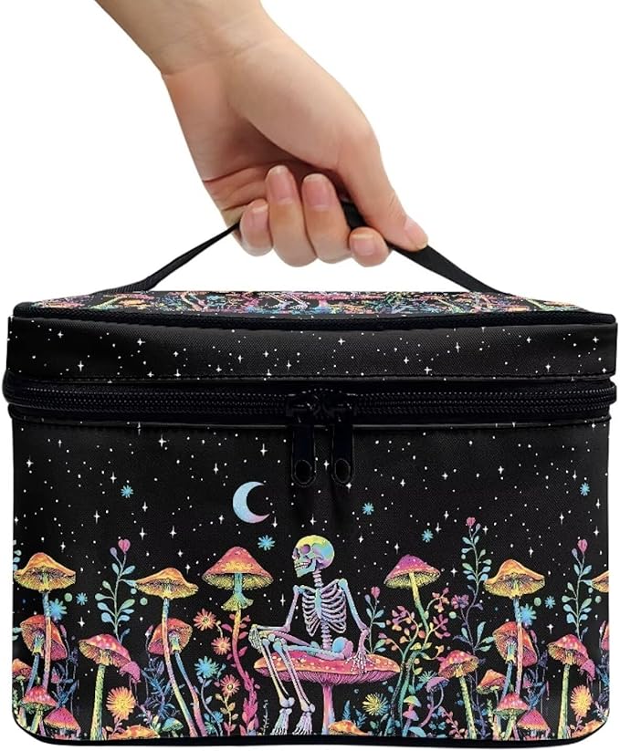 Drydeepin Colorful Mushroom Skull Floral Pattern Travel Makeup Bag for Women Large Capacity Cosmetic Bag with Zipper and Handle Portable Toiletry Bag Make Up Organizers