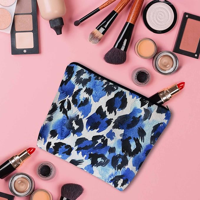 Kalygon Leopard Print Makeup Bag For Women, Leopard Skin Adorable Cosmetic Bag Makeup Bags, Leopard Fur Zipper Bag Travel Bags Toiletry Organizers Pouch Bags Washing Bags For Gym Bathroom Blue Black