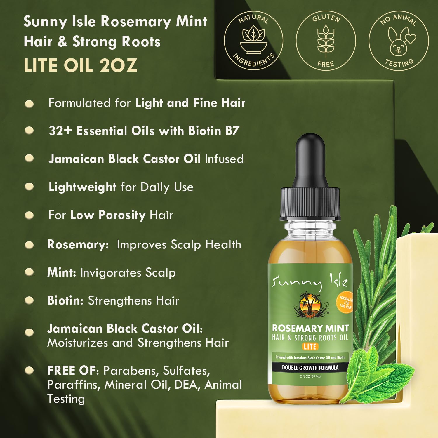Sunny Isle Rosemary Mint Hair & Strong Roots Oil Lite 2oz