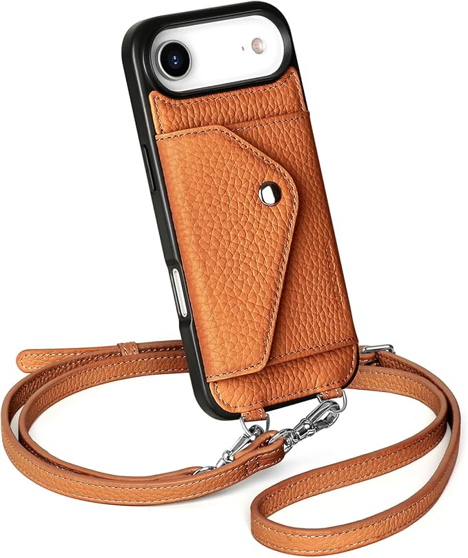 LUCKYCOIN Crossbody Phone Case for iPhone Air,100% Genuine Leather Phone Wallet Case for Women,Fashion Premium Hands-Free Phone Purse with Expandable Flip Card Holder & Adjustable Strap - Pebble Brown