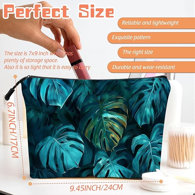Scribesense Cosmetic Bags Travel Makeup Toilet Case Waterproof Pouch for Women Girls 6.7X9.45inches - Tropical Monstera Leaves in A Deep Teal Hue