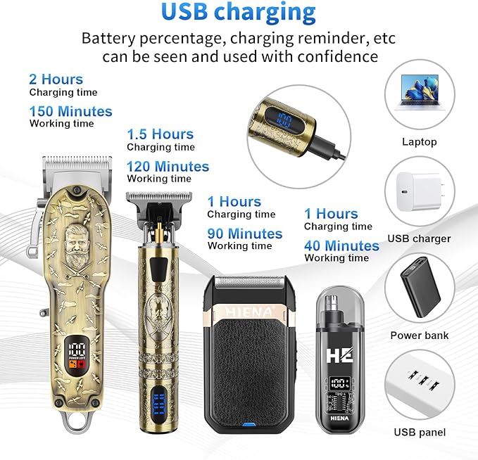 HIENA PRO Hair Clippers for Men Professional, Cordless Barber Clipper and T-Blade Beard/Hair Trimmer Set, Electric Razor Foil Shaver Nose Trimmer Barber Kit, Men's Hair Cutting Kit