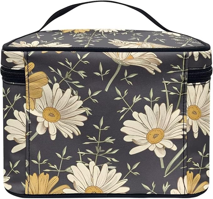 Drydeepin Cottagecore forest Daisy Flower Pattern Travel Makeup Bag for Women,Multifuntional Makeup Organizer,Large Capacity Cosmetic Bag,Toiletry Bag for Women with Zipper and Portable Handle