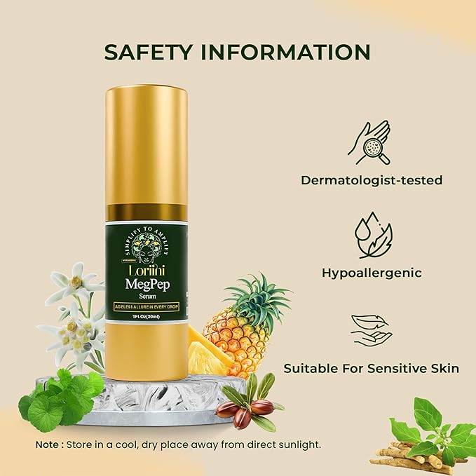 Loriini™ MegPep Multi-Peptide Anti-Aging Serum – Ceramide Serum with Hyaluronic Acid, Gold for Hydration, Firming, Wrinkles & Fine Lines, Gifts for Mom, for Sensitive Skin Type, Paraben-Free – 1 Fl Oz